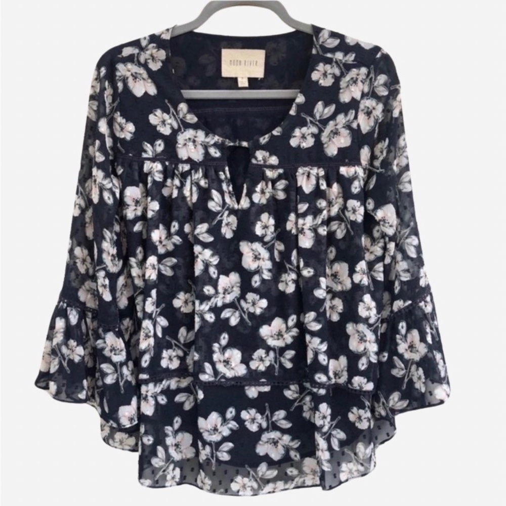 Anthropologie Navy Floral Breathable Tie-Neck Blouse